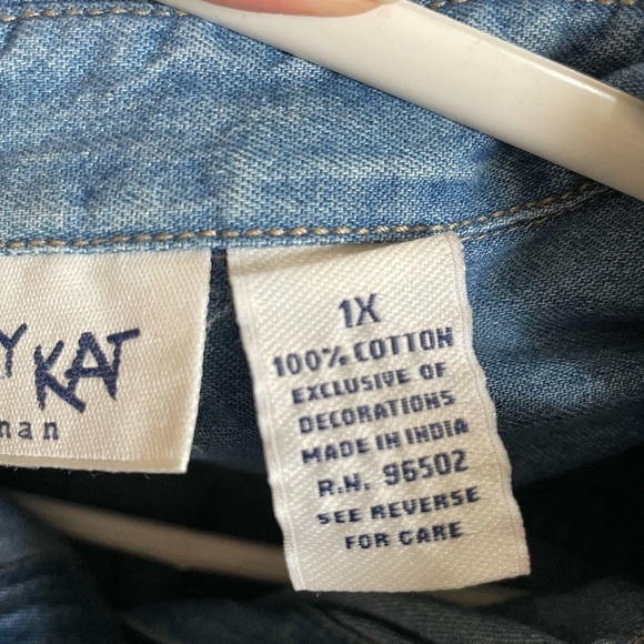 KRAZY KAT AUTUMN LEAVES DENIM BUTTON DOWN SHIRT 1X - Picture 9 of 10